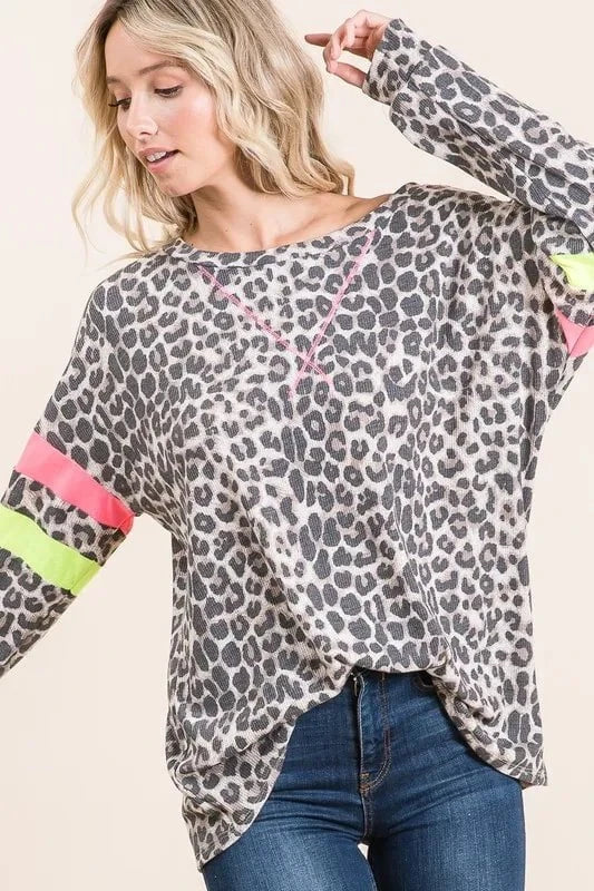 BiBi Leopard Thermal Top with Contrast Color Block