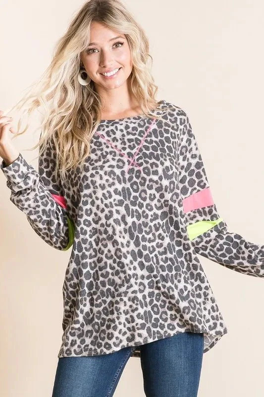 BiBi Leopard Thermal Top with Contrast Color Block N.PINK/N.GREEN / S