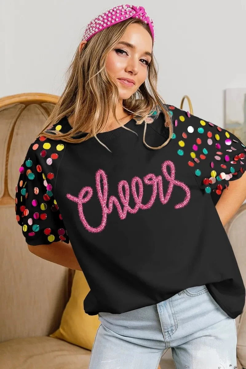 BiBi Metallic Letter Spangle Raglan Puff Sleeve Top