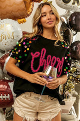 BiBi Metallic Letter Spangle Raglan Puff Sleeve Top