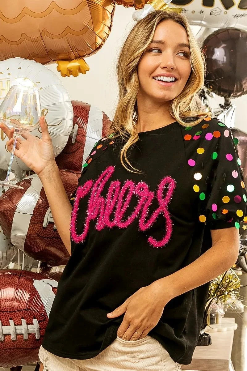 BiBi Metallic Letter Spangle Raglan Puff Sleeve Top