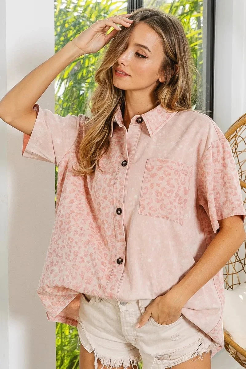 BiBi Mineral Washed Leopard Print Short Sleeve Shirt