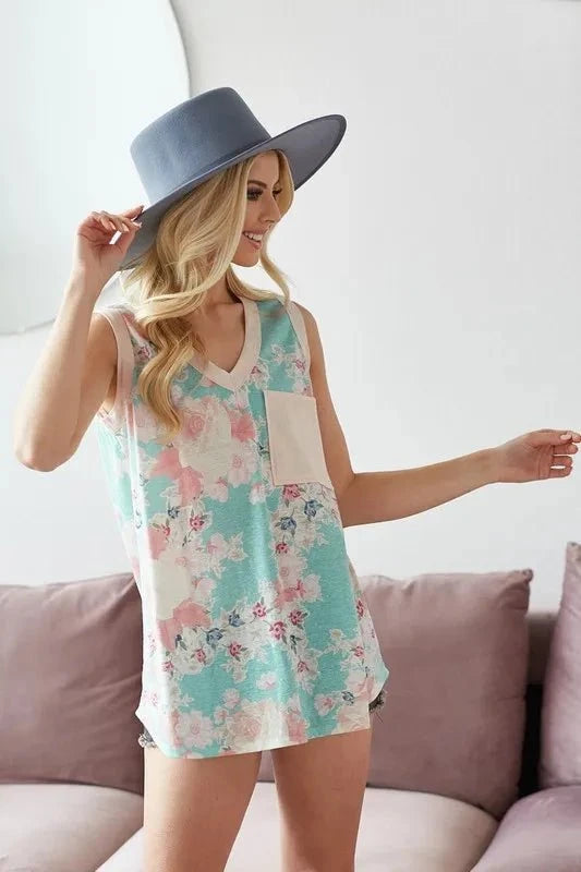 BiBi Multi Color Flower Printed Tank with Contrast Band