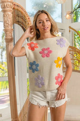 BiBi Multi Jeweled Crochet Flower Patch Sweater Vest