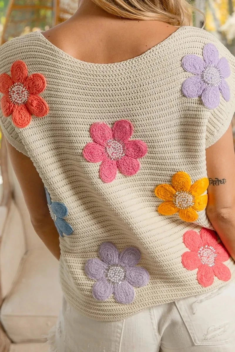 BiBi Multi Jeweled Crochet Flower Patch Sweater Vest