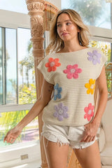 BiBi Multi Jeweled Crochet Flower Patch Sweater Vest