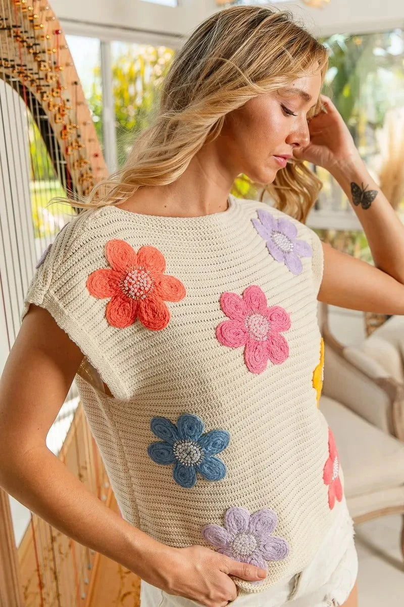 BiBi Multi Jeweled Crochet Flower Patch Sweater Vest