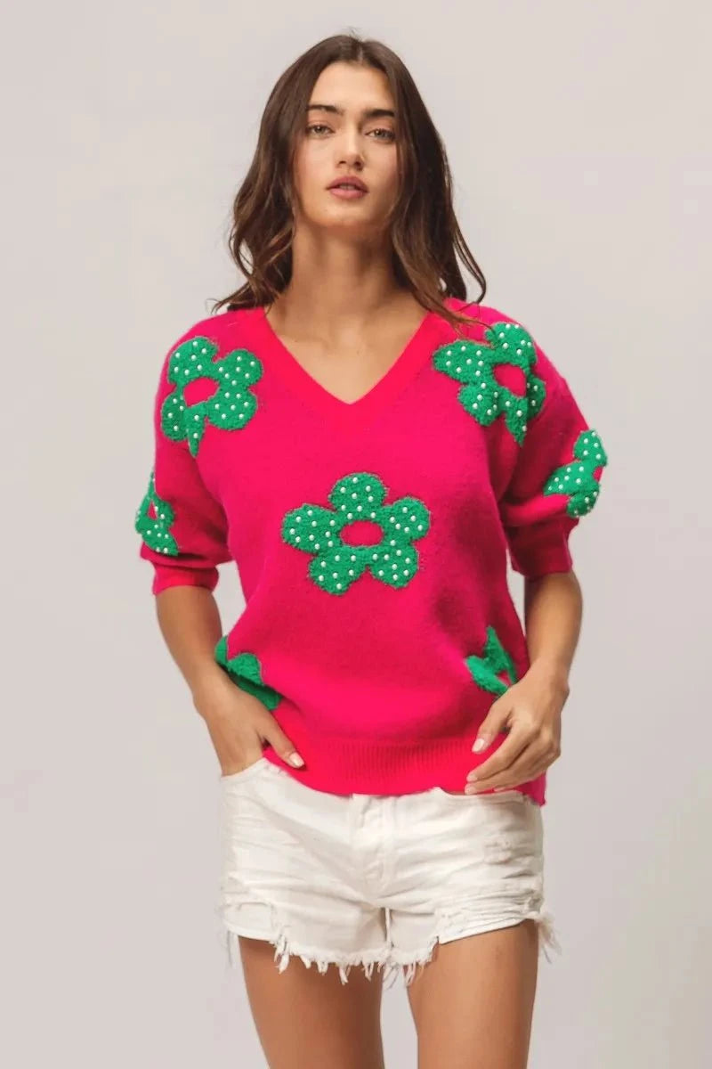 BiBi Pearl Beads Flowers Sweater Top
