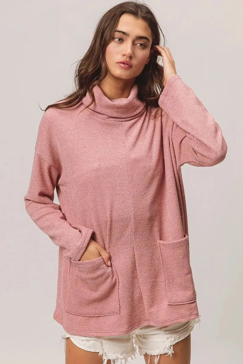 BiBi Piper Rib Double Pocket Turtle Neck Sweater