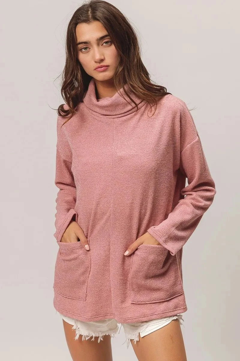 BiBi Piper Rib Double Pocket Turtle Neck Sweater