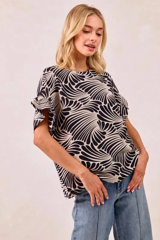 BiBi Print Woven Ruffled Sleeves Top