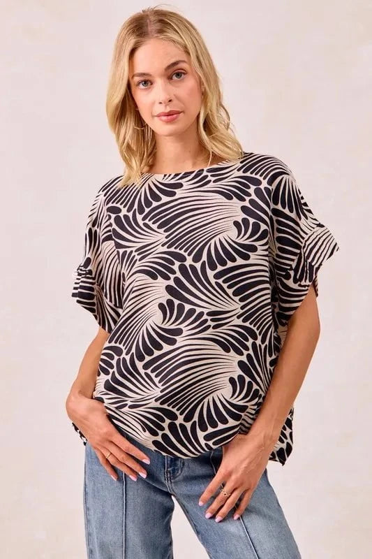 BiBi Print Woven Ruffled Sleeves Top