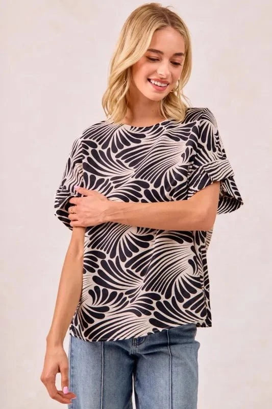 BiBi Print Woven Ruffled Sleeves Top