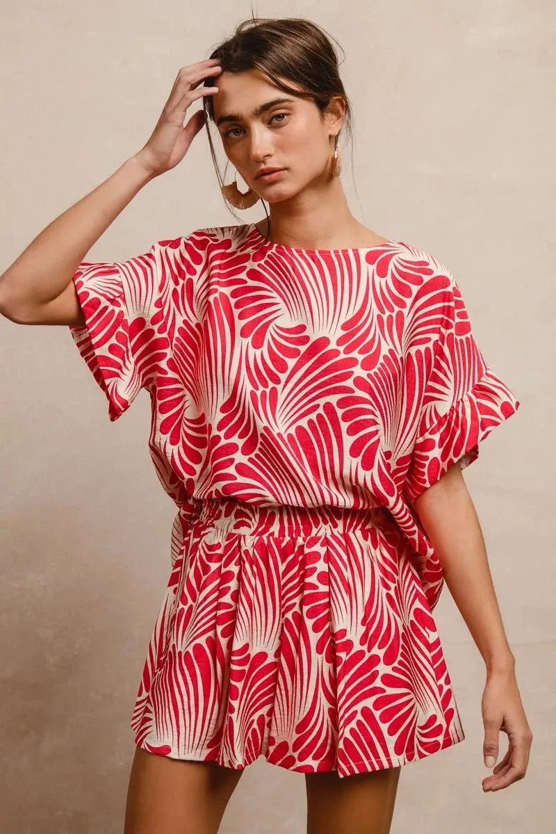 BiBi Print Woven Ruffled Sleeves Top