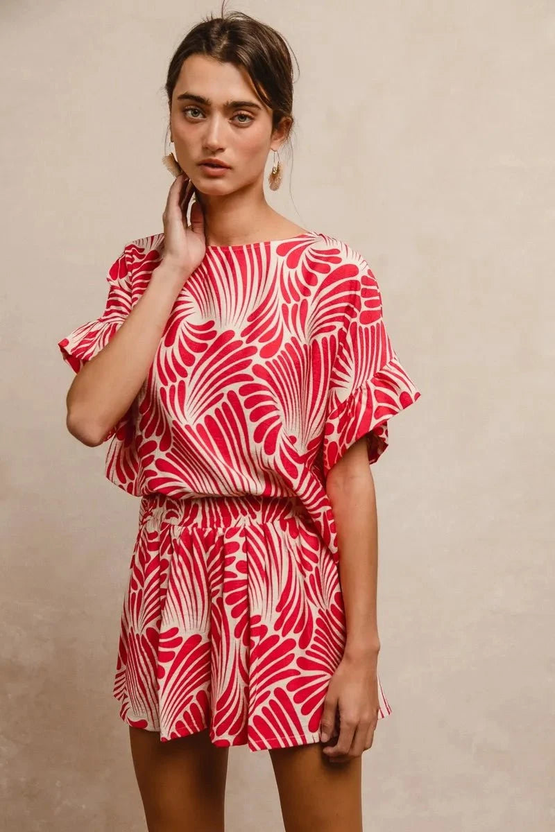 BiBi Print Woven Ruffled Sleeves Top