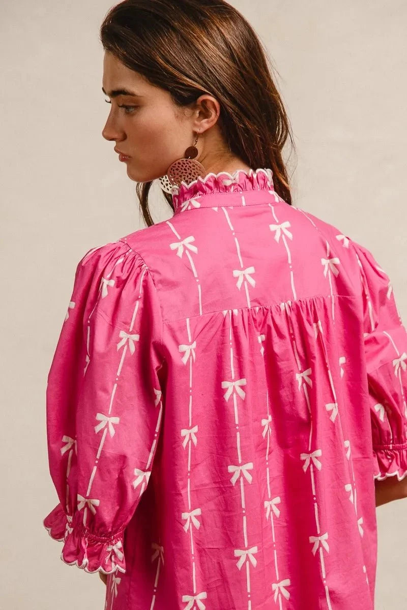 BiBi Ribbon Patterns With Scallops Edge Details Short Sleeve Dress