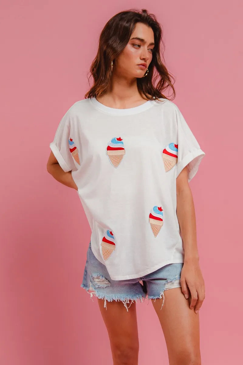 BiBi Solid Terry With Fourth Of July Theme Patched Top