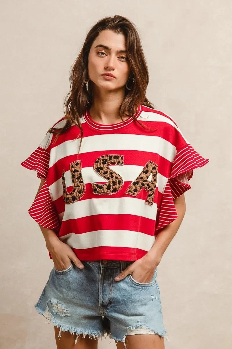 BiBi Stripe Mixed Ruffle Sleeve Top With Leopard Letter