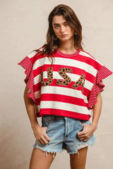 BiBi Stripe Mixed Ruffle Sleeve Top With Leopard Letter