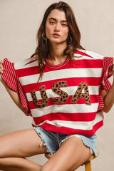 BiBi Stripe Mixed Ruffle Sleeve Top With Leopard Letter