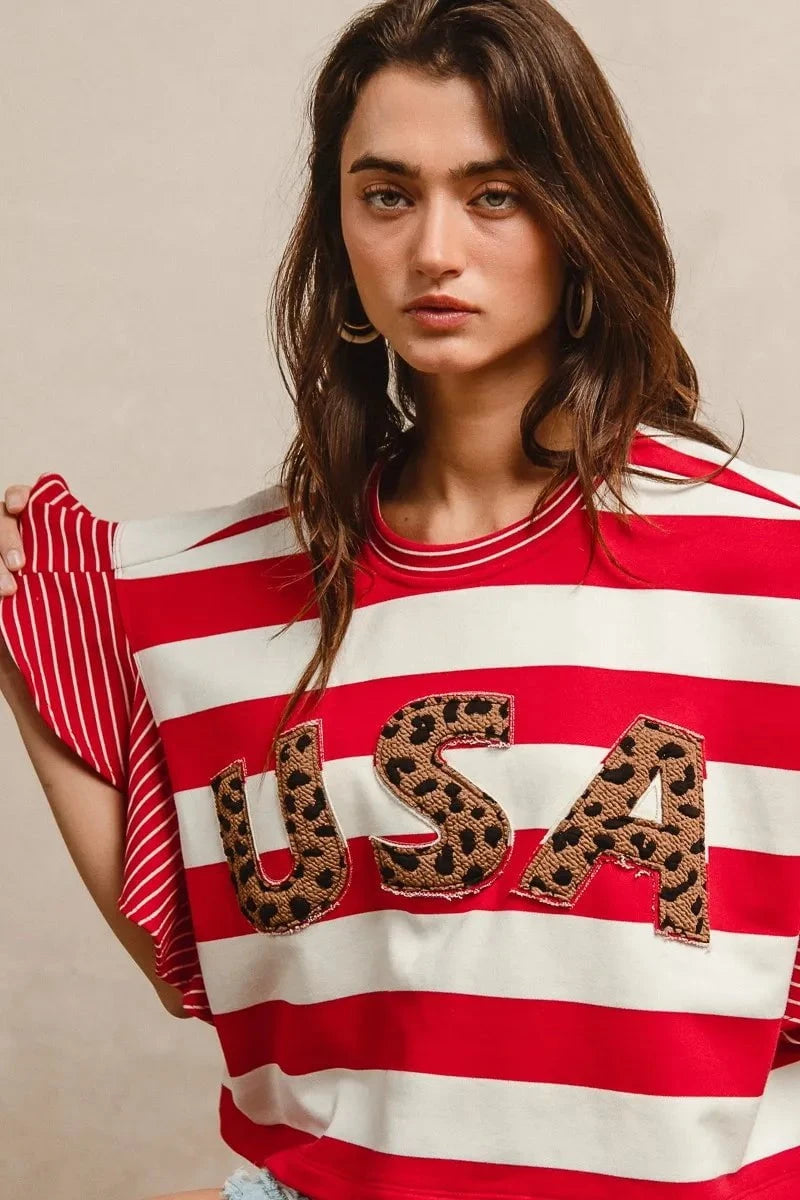 BiBi Stripe Mixed Ruffle Sleeve Top With Leopard Letter