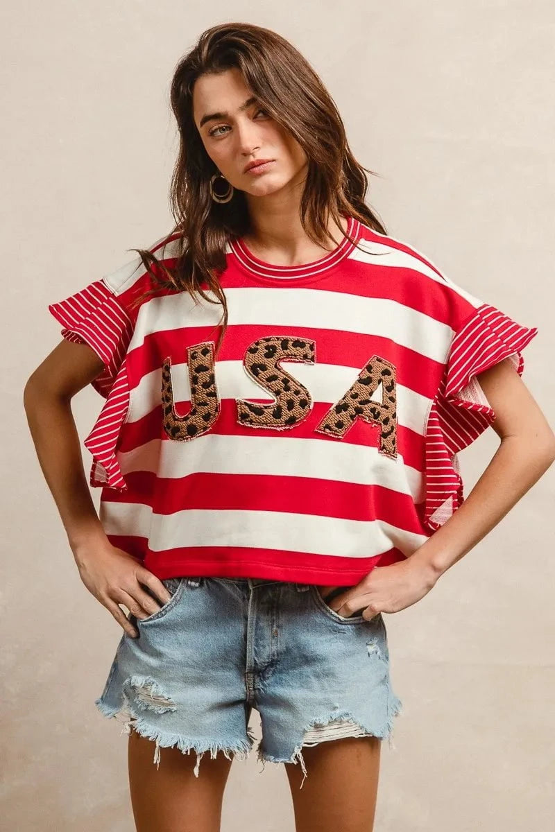 BiBi Stripe Mixed Ruffle Sleeve Top With Leopard Letter RED / S
