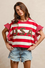 BiBi Stripe Mixed Ruffle Sleeve Top With Leopard Letter RED / S
