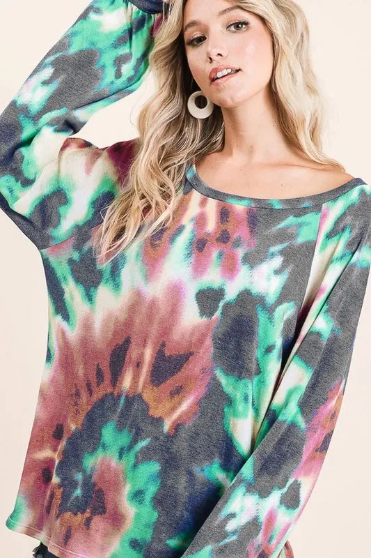 BiBi Tie Dye Print Terry Top with Puff Sleeves MOCHA/CHARCOAL / S