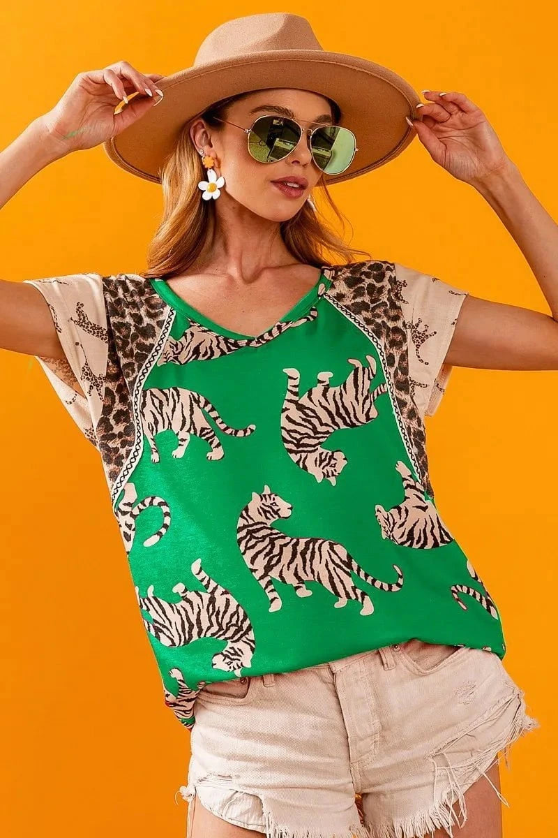 BiBi Tiger Printed Jersey Block T-Shirt with Aztec Trim GREEN / S