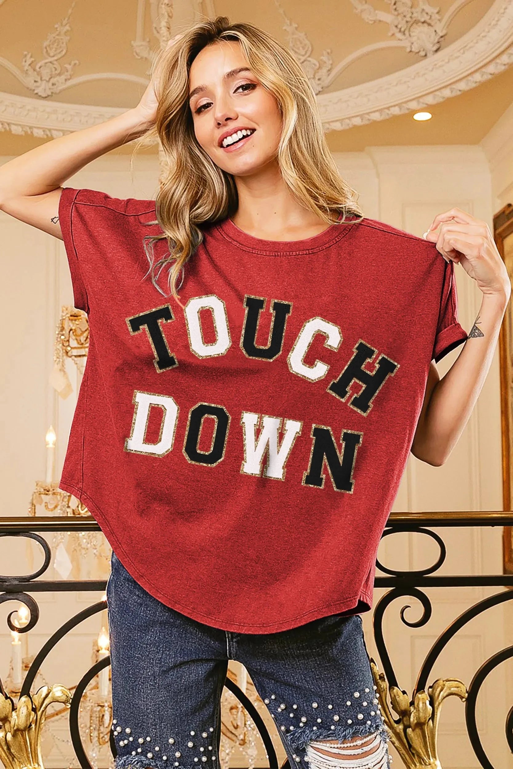 BiBi Touchdown Letter Loose Fit Vintage Washed Top RED/BLACK / S