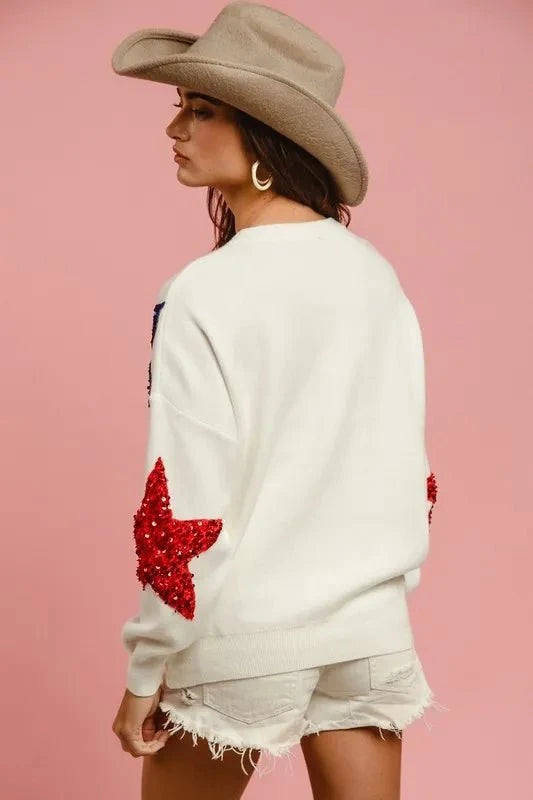 BiBi Velvet Sequin Star Patches Sweater Top