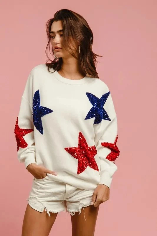 BiBi Velvet Sequin Star Patches Sweater Top