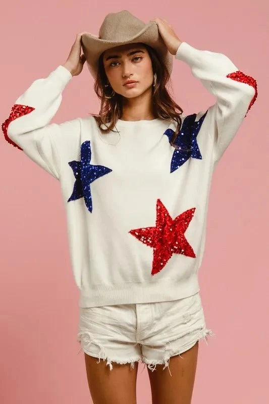 BiBi Velvet Sequin Star Patches Sweater Top IVORY / S