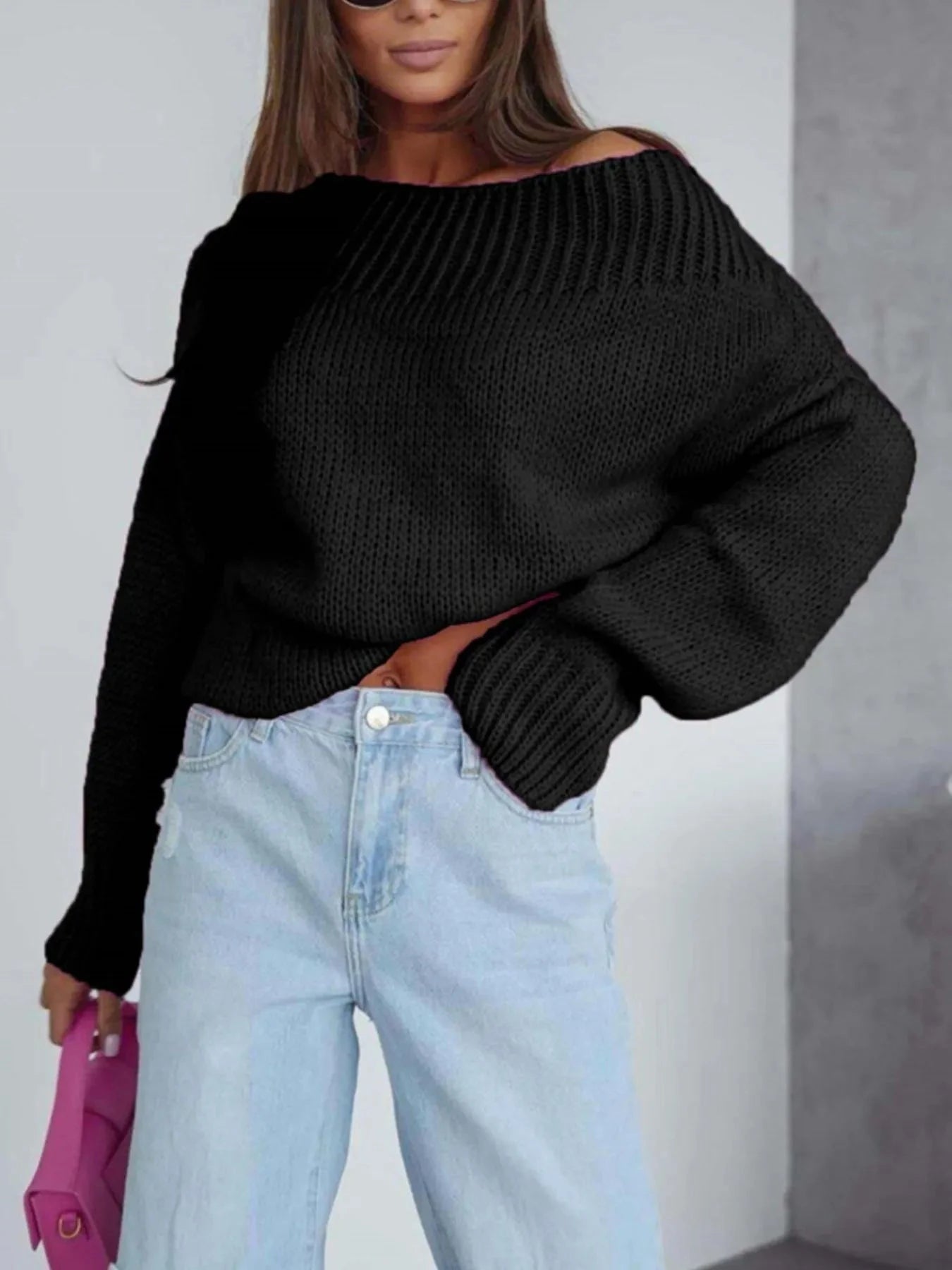 Boat Neck Drop Shoulder Sweater Black / S