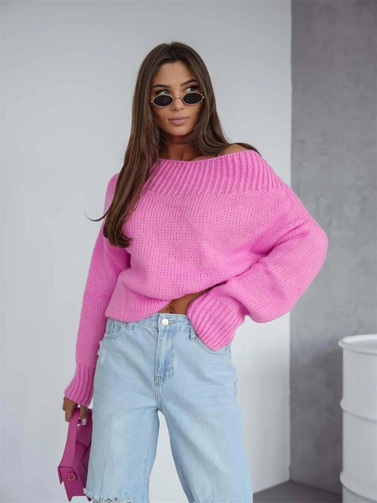 Boat Neck Drop Shoulder Sweater Deep Rose / S