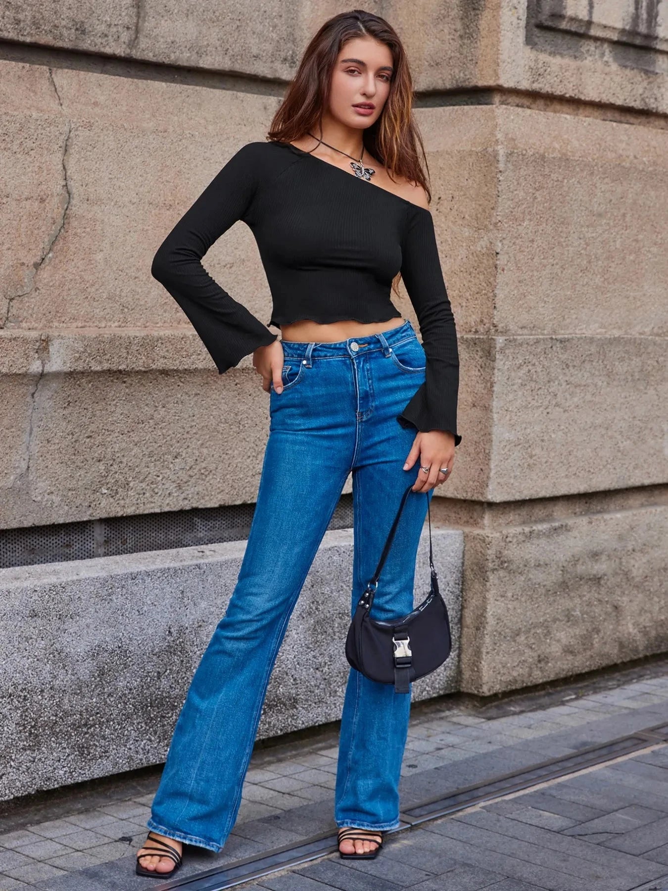 Boat Neck Long Sleeve Crop T-Shirt