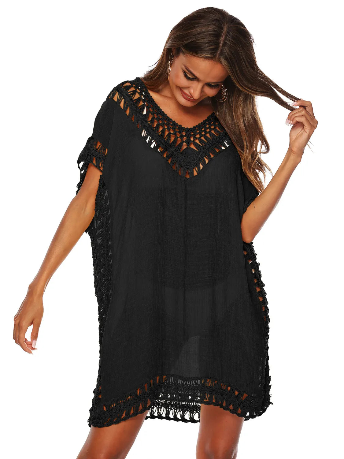 Bohemian Crochet Trim Beach Cover Up Dress Black / One Size