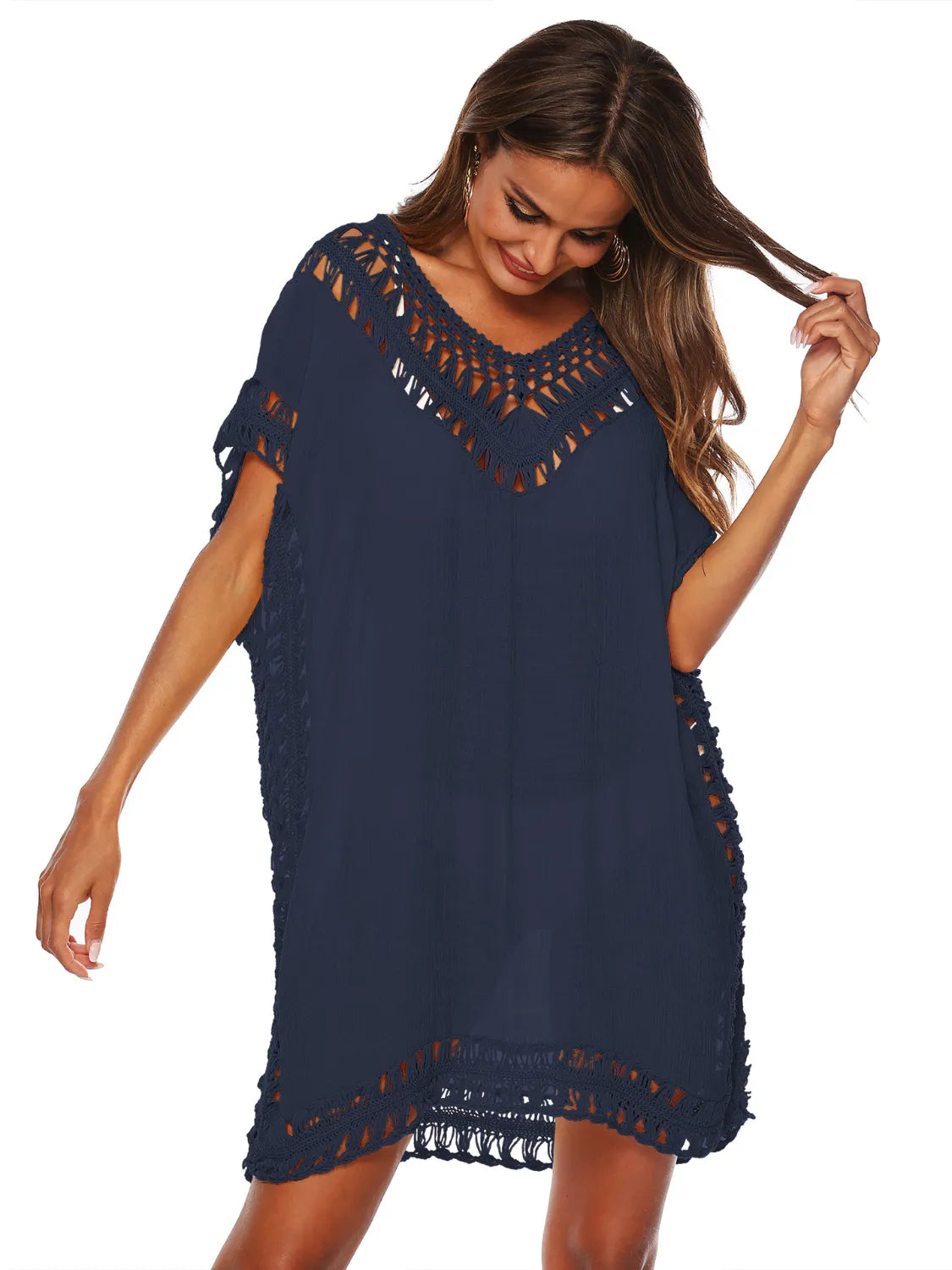 Bohemian Crochet Trim Beach Cover Up Dress Dark Blue / One Size