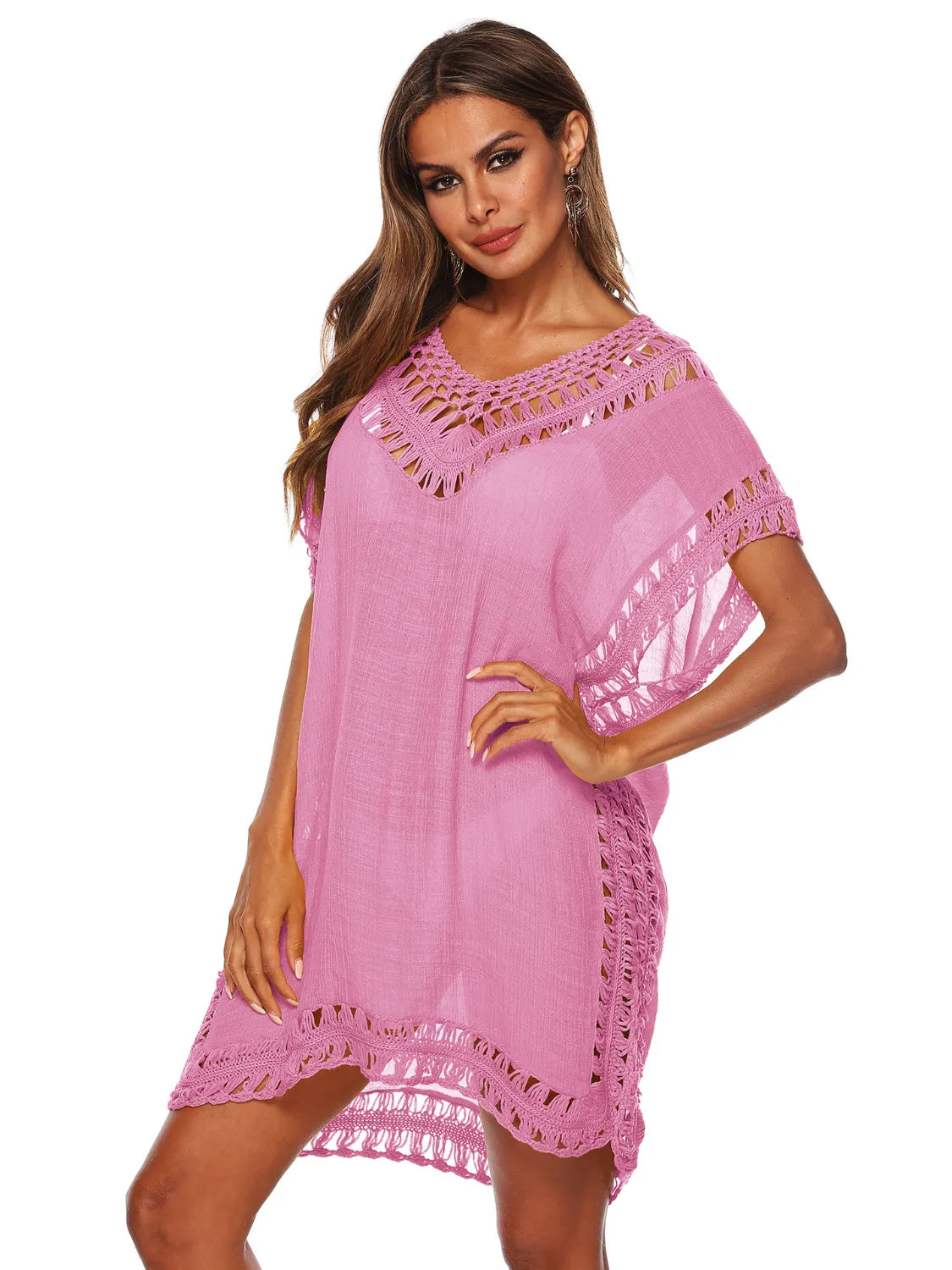 Bohemian Crochet Trim Beach Cover Up Dress Pink / One Size