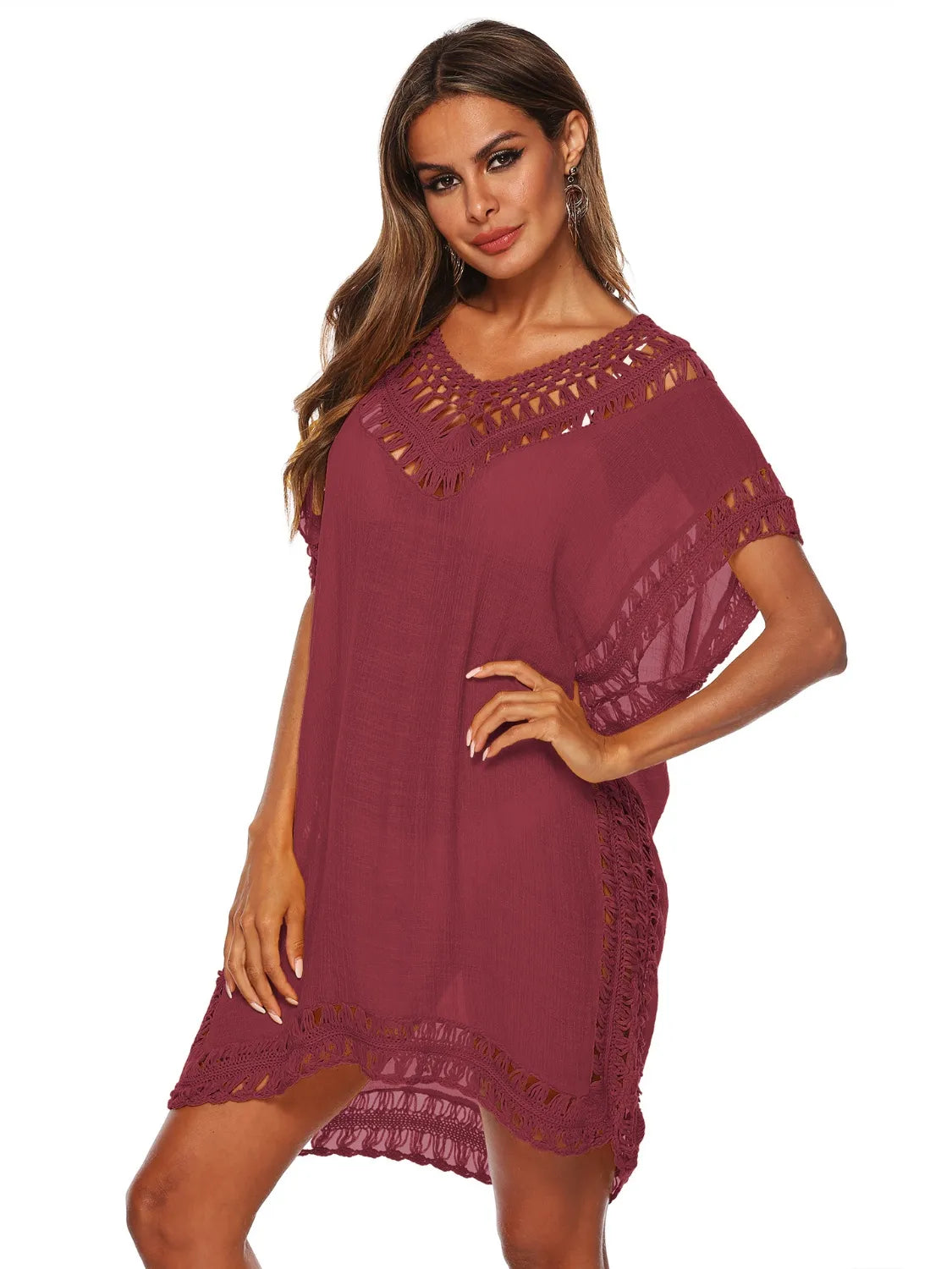 Bohemian Crochet Trim Beach Cover Up Dress Rust / One Size