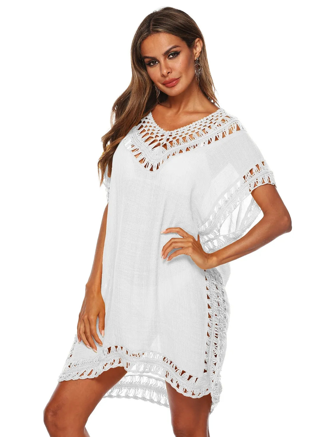 Bohemian Crochet Trim Beach Cover Up Dress White / One Size