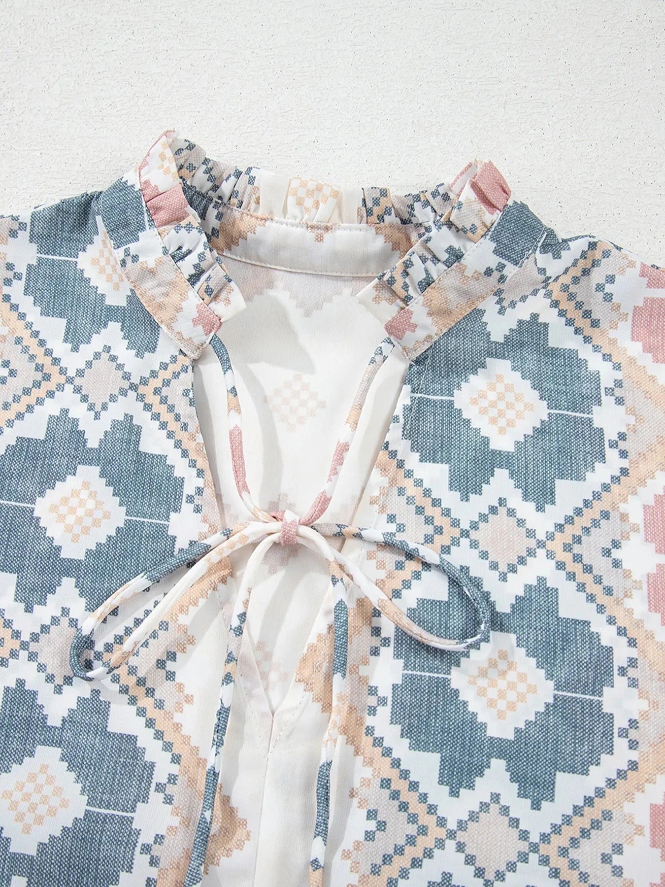 Bohemian Geometric Print Blouse with Tassel Tie