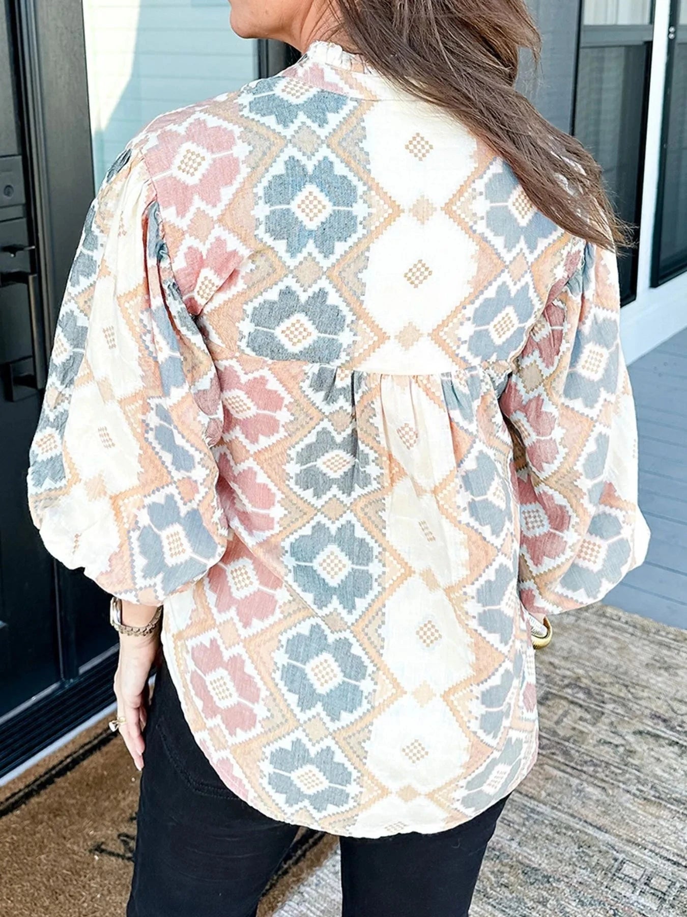 Bohemian Geometric Print Blouse with Tassel Tie