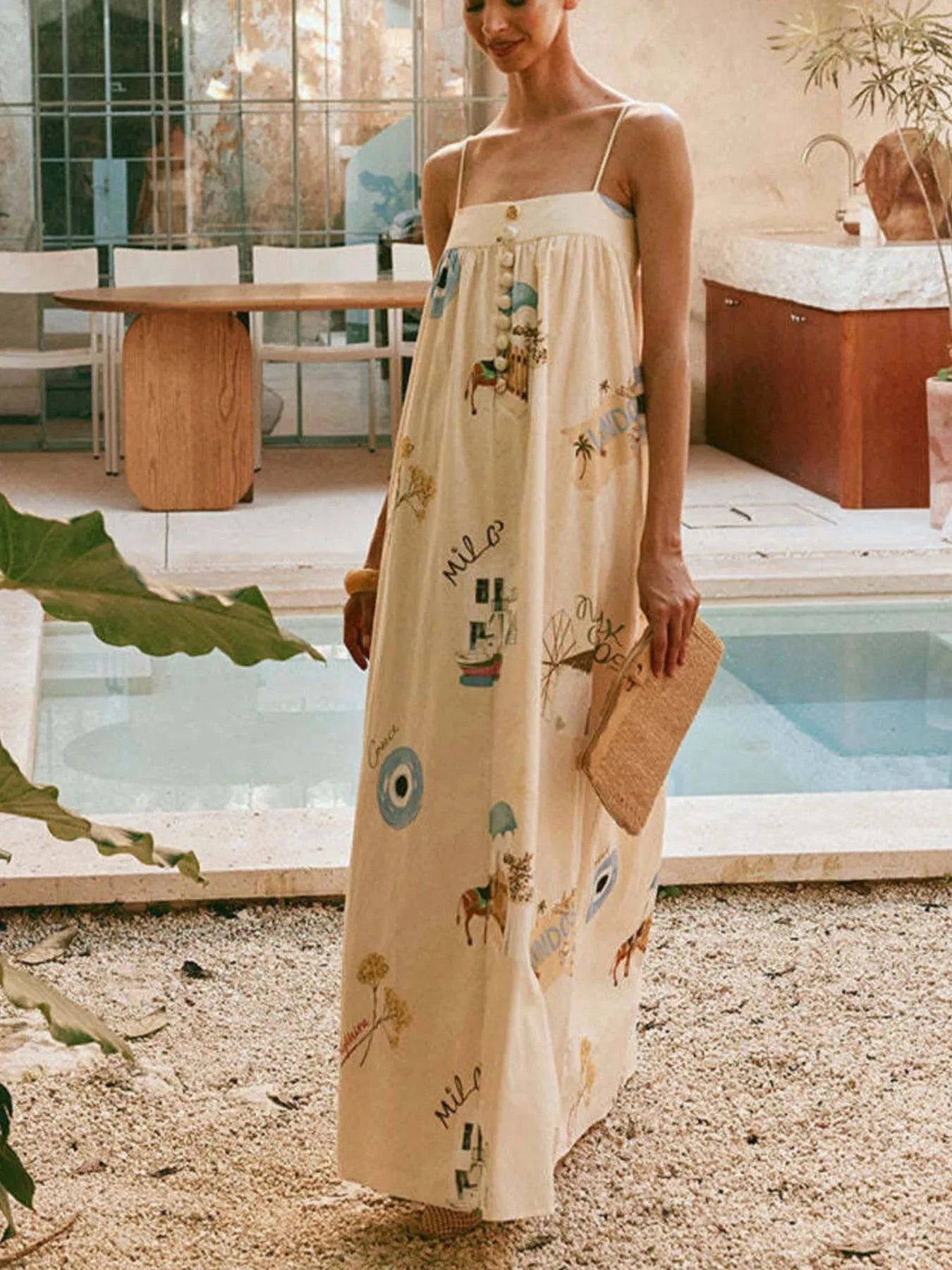 Bohemian Print Cami Maxi Dress with Pockets