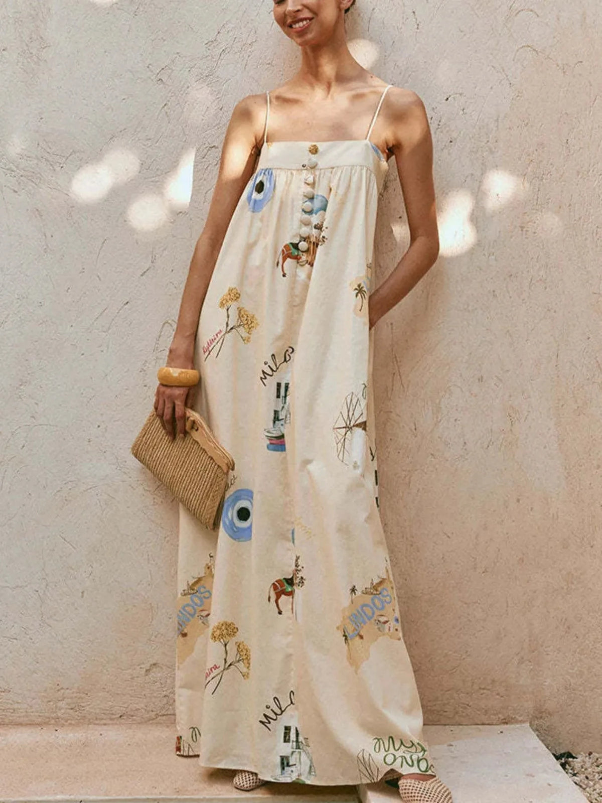Bohemian Print Cami Maxi Dress with Pockets Beige / S