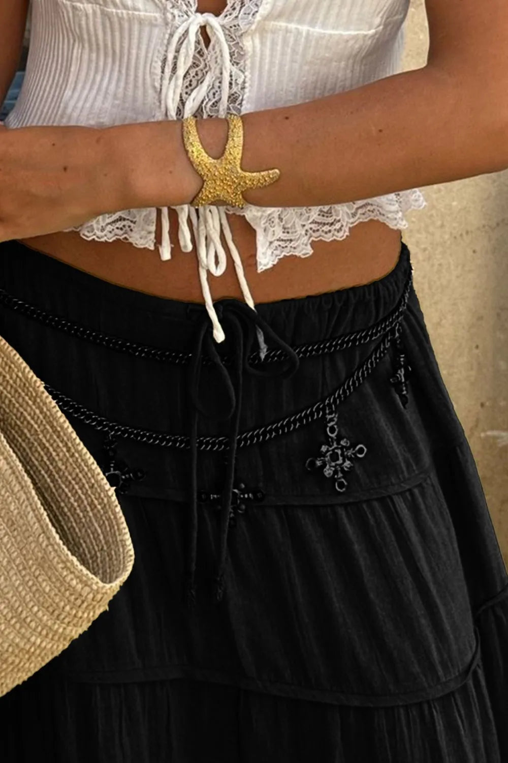 Bohemian Tiered Maxi Skirt with Drawstring Waist