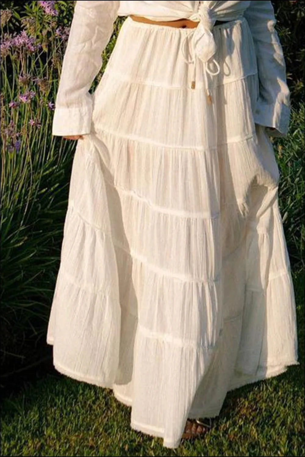 Bohemian Tiered Maxi Skirt with Drawstring Waist White / S