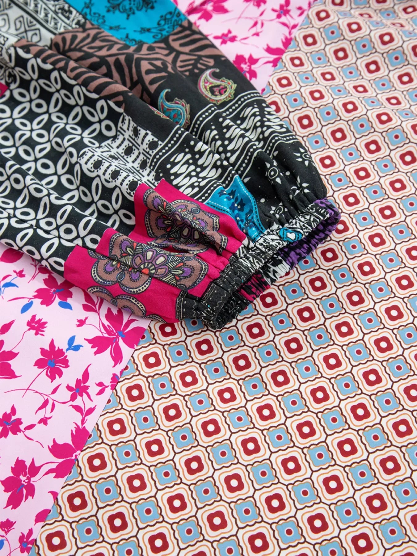 Boho Mixed Floral Drop Shoulder Bubble Sleeve Blouse