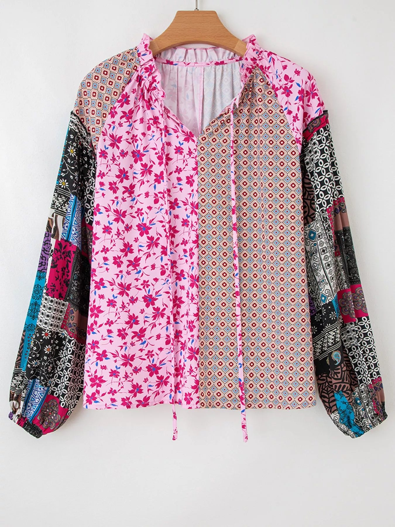 Boho Mixed Floral Drop Shoulder Bubble Sleeve Blouse