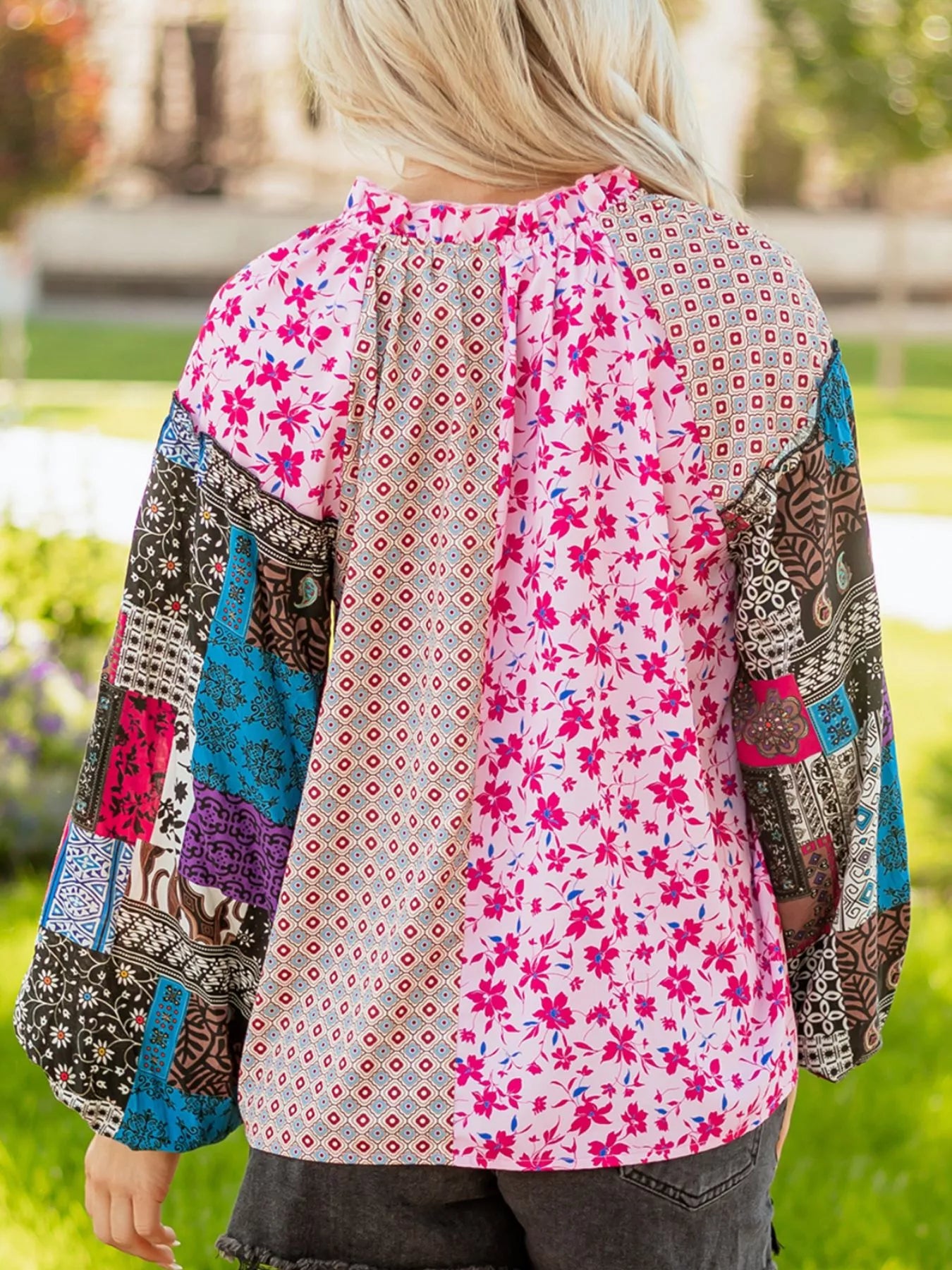 Boho Mixed Floral Drop Shoulder Bubble Sleeve Blouse